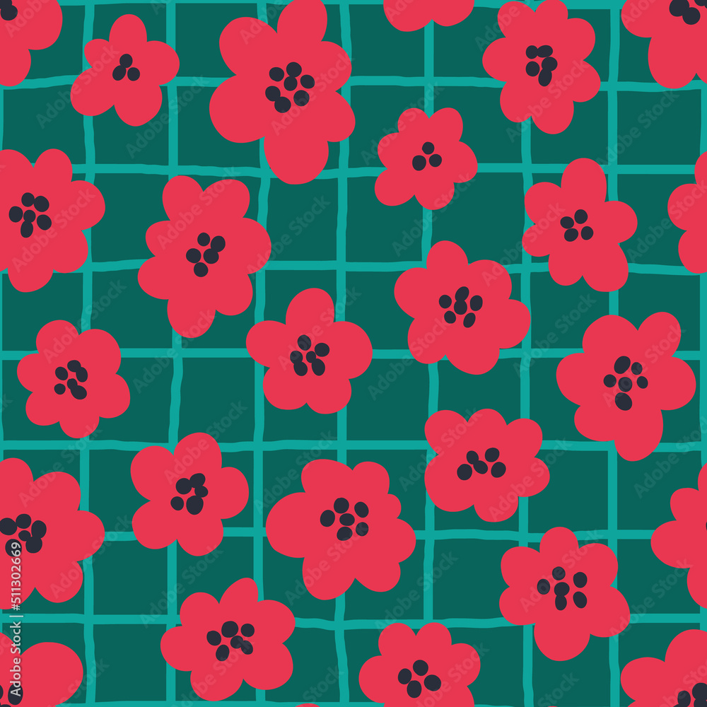 Vector poppy flower pattern. Red poppy flowers on green square checkered background.