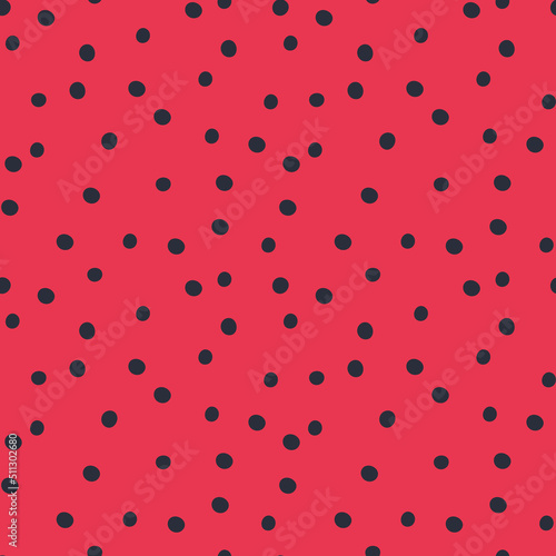 Vector polka dot pattern. Random black dots on red background. Tiny poppy seeds seamless pattern.