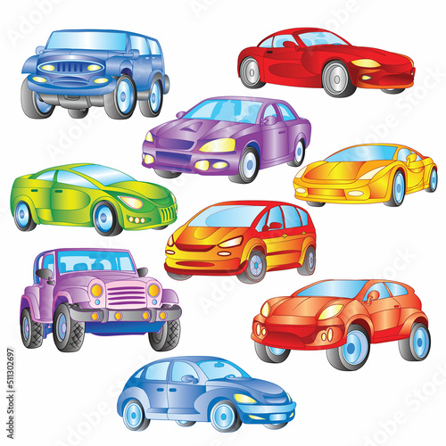 set of multi-colored cars of different configuration, isolated object on a white background, cartoon illustration, vector,