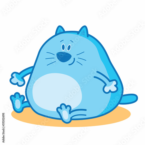 blue fat cat sitting on the buttock, isolated object on white background, cartoon illustration, vector,