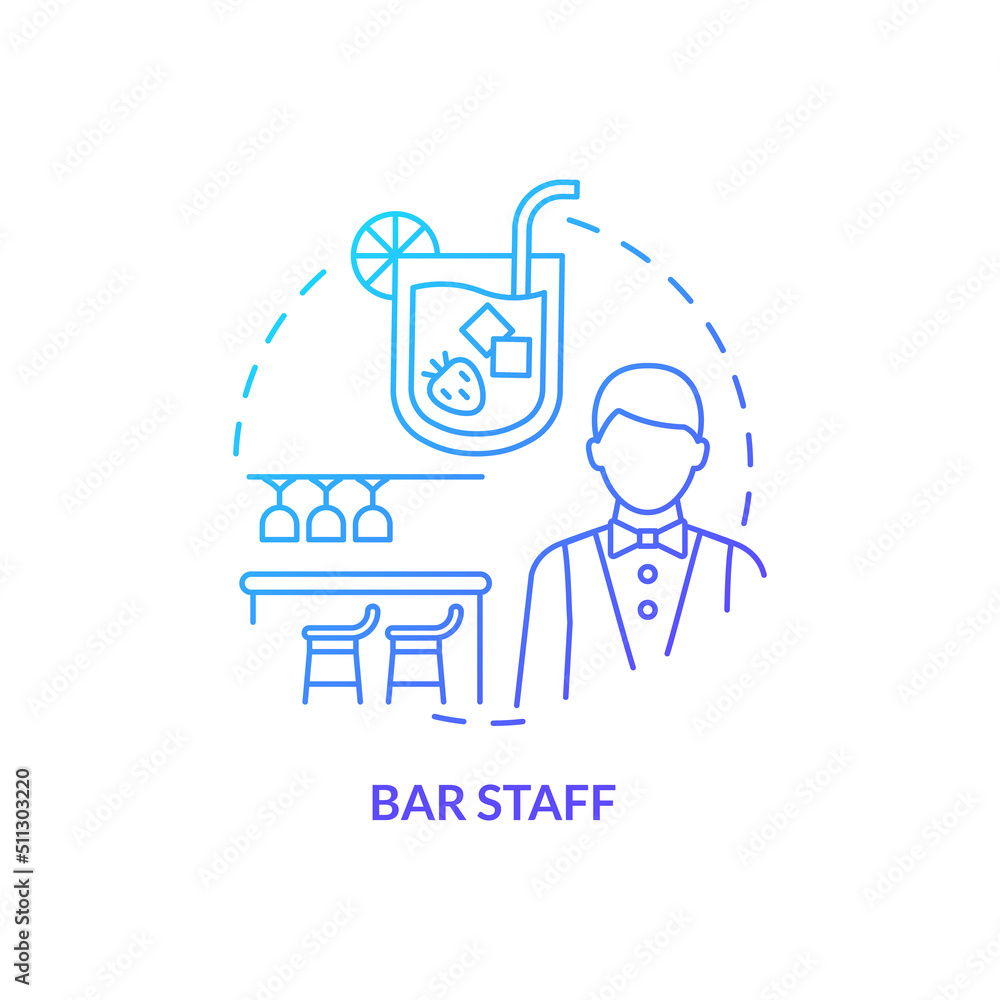 Bar staff blue gradient concept icon. Hiring restaurant employees abstract idea thin line illustration. Barman and bartender duties. Prepare drinks. Isolated outline drawing. Myriad Pro-Bold font used
