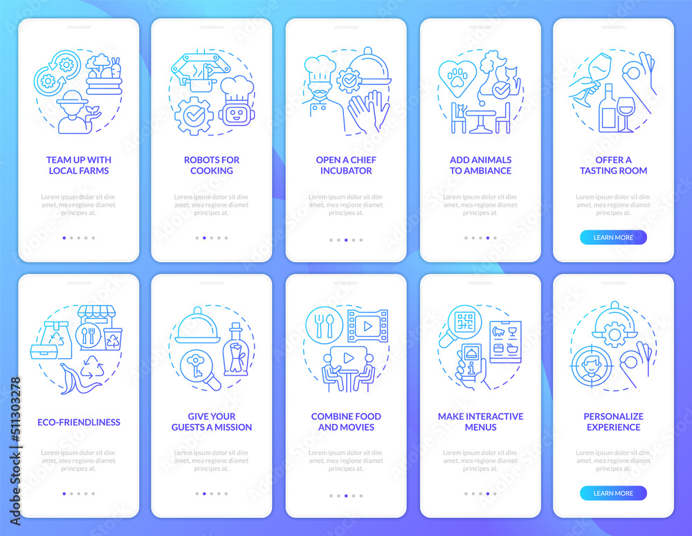 Naklejka premium Restaurant business plan blue gradient onboarding mobile app screen set. Walkthrough 5 steps graphic instructions with linear concepts. UI, UX, GUI template. Myriad Pro-Bold, Regular fonts used