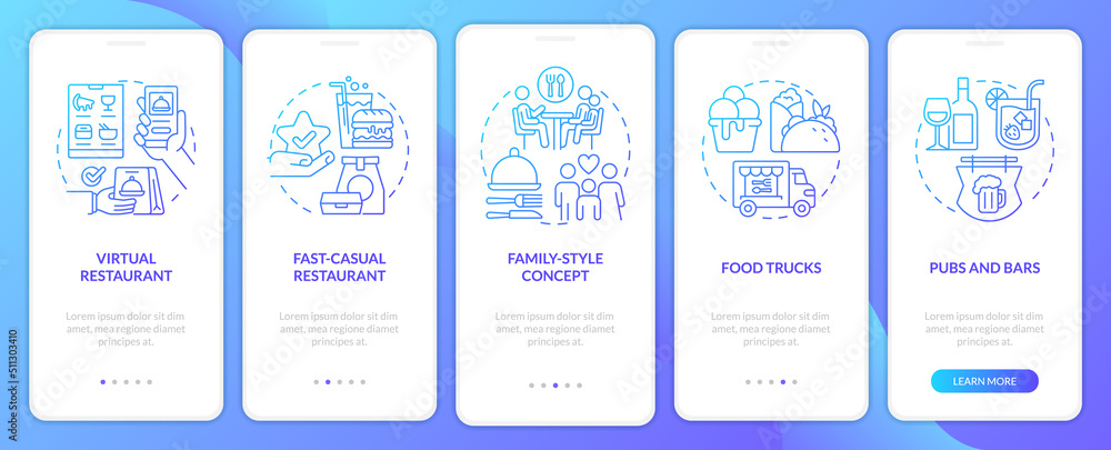 Profitable restaurant business blue gradient onboarding mobile app screen. Walkthrough 5 steps graphic instructions with linear concepts. UI, UX, GUI template. Myriad Pro-Bold, Regular fonts used