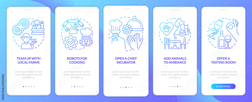 Successful restaurant ideas blue gradient onboarding mobile app screen. Walkthrough 5 steps graphic instructions with linear concepts. UI, UX, GUI template. Myriad Pro-Bold, Regular fonts used Successful restaurant ideas blue gradient onboarding mobile app screen. Walkthrough 5 steps graphic instructions with linear concepts. UI, UX, GUI template. Myriad Pro-Bold, Regular fonts used