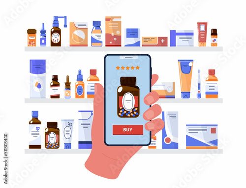 Buying medications with mobile app.Hand holds phone with online pharmacy store