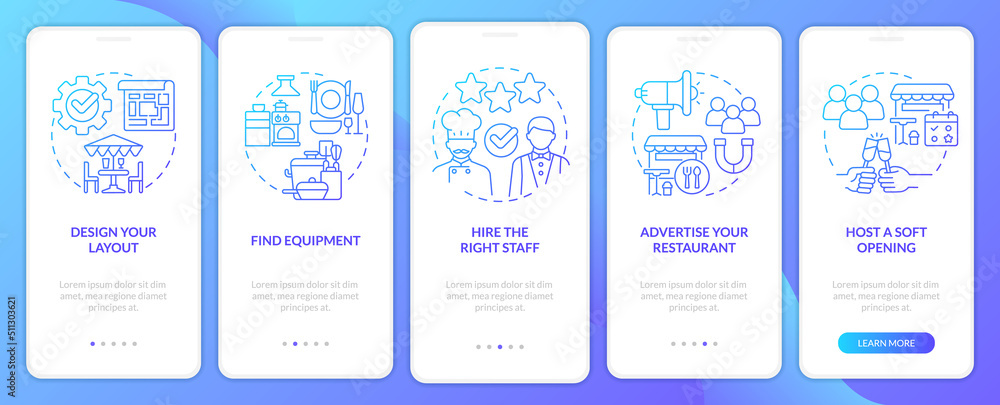 Planning for new restaurant blue gradient onboarding mobile app screen. Walkthrough 5 steps graphic instructions with linear concepts. UI, UX, GUI template. Myriad Pro-Bold, Regular fonts used