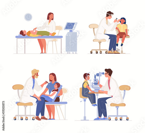 Set of illustrations of medical diagnostics. Examinations of children by neurologist, ophthalmologist, ultrasound, ENT. Pediatrics concept. Vector characters flat cartoon.