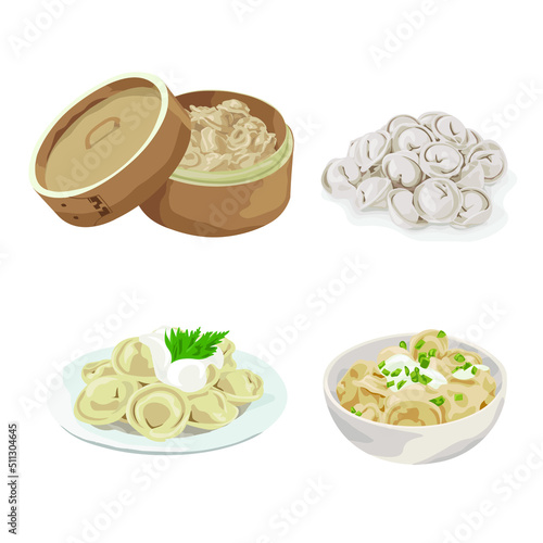 Set of many tasty dumplings on white background
