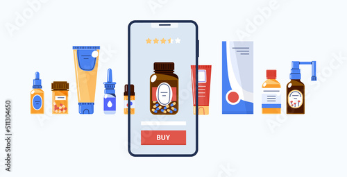 Buy medications with mobile app in online shop.Vector flat illustration.