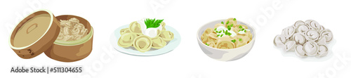 Set of many tasty dumplings on white background