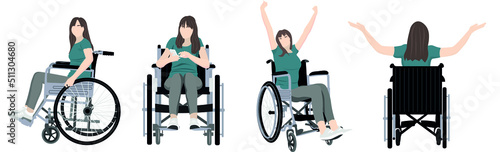 Set of woman in wheelchair on white background