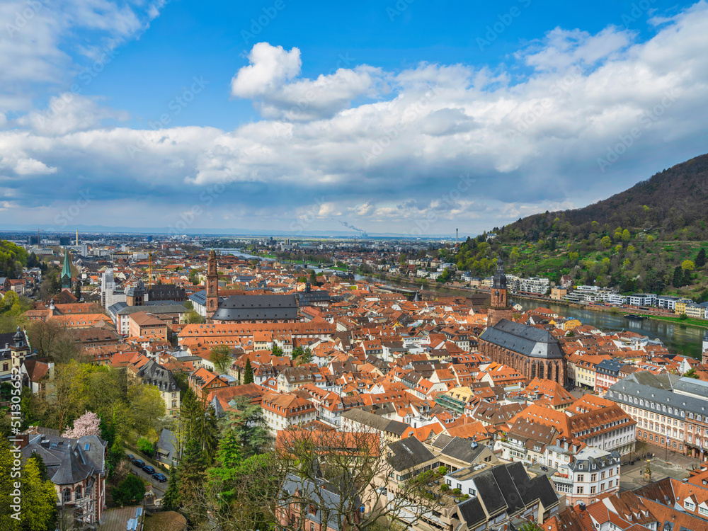 Aerial shot of Heidelberg town and historic buildings during a beautiful summer day, Germany