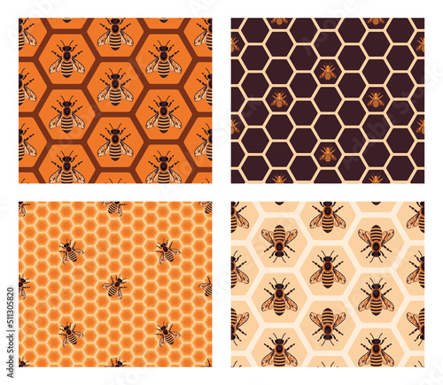 Vector honey bee pattern set. Bees and honeycomb background collection. Seamless pattern with royal bee. Geometric wallpaper with hexagon.