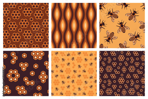 Vector honeycomb pattern set. Honey bee and honeycomb seamless pattern collection. Geometric background with hexagon mosaic.