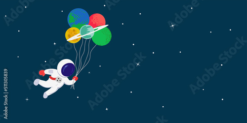 Astronaut floating with planets like balloons in cute flat cartoon style. Colorful vector illustration for baby boy, kids birthday party invitation card design, copy space for your text.