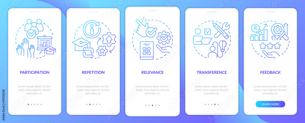 Principles of learning for students blue gradient onboarding mobile app screen. Walkthrough 5 steps graphic instructions with linear concepts. UI, UX, GUI template. Myriad Pro-Bold, Regular fonts used
