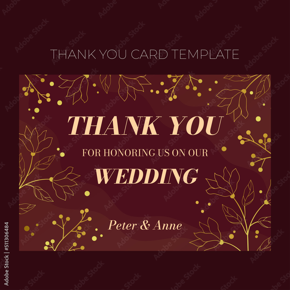 Floral wedding Thank you card template in elegant golden style, invitation card design with gold flowers with leaves, dots and berries. Vector decorative frame on rich red background.
