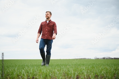 A farmer in boots works with his tablet in a field sown in spring. An agronomist walks the earth, assessing a plowed field in autumn. Agriculture. Smart farming technologies
