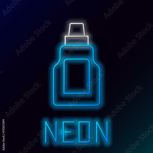 Glowing neon line Plastic bottle for laundry detergent, bleach, dishwashing liquid or another cleaning agent icon isolated on black background. Colorful outline concept. Vector
