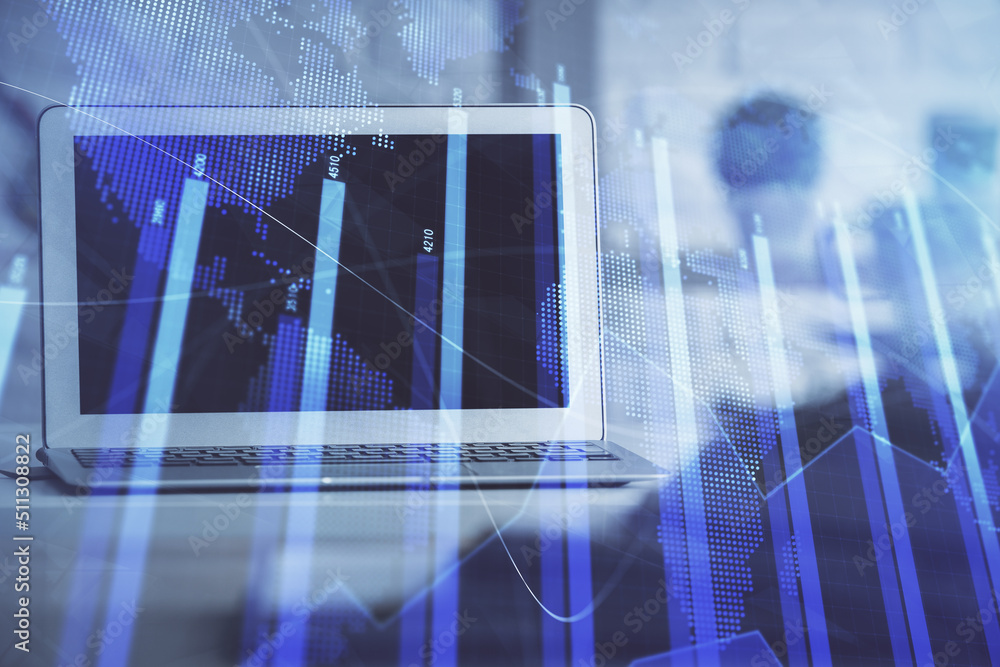 Stock market graph and table with computer background. Multi exposure. Concept of financial analysis. Stock market graph and table with computer background. Multi exposure. Concept of financial analysis.