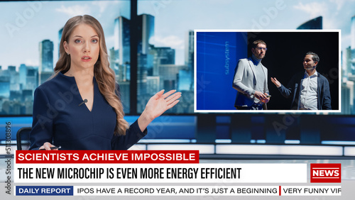 Split Screen TV News Report: Anchorwomen Talks. Reportage Montage: Female Newscaster Reviews Tech Presentation With CEO and CTO Announcing New Microchip. Television Program On Cable Channel Concept.