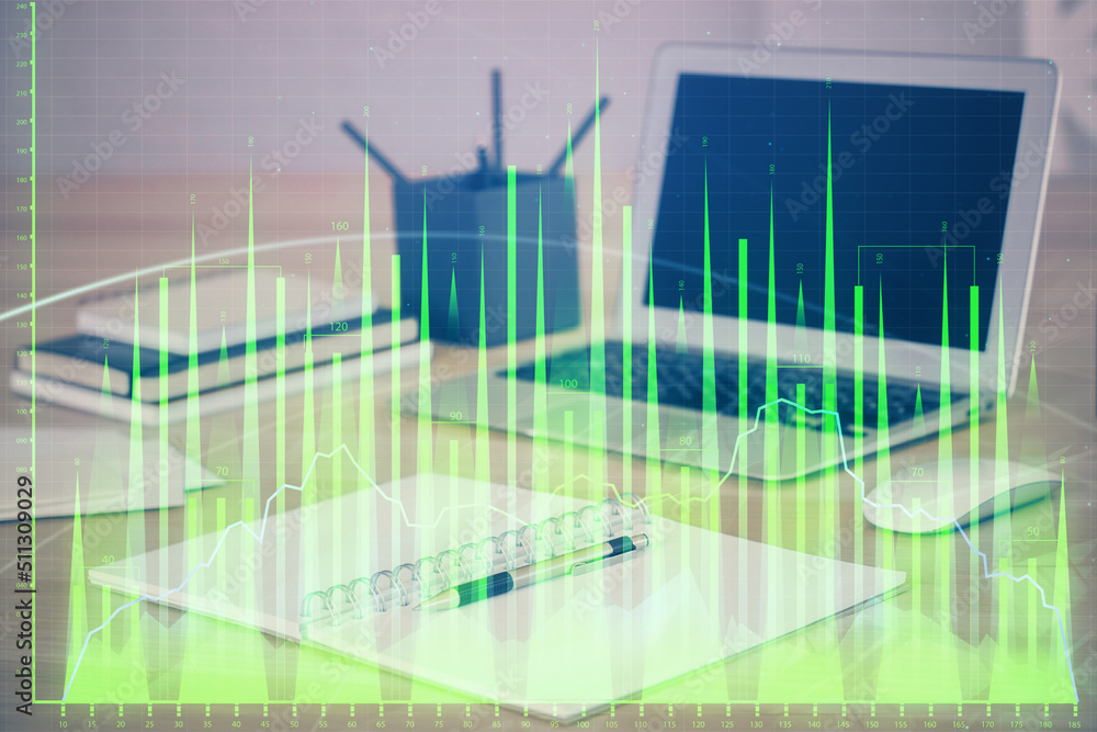 Stock market graph and table with computer background. Multi exposure. Concept of financial analysis. Stock market graph and table with computer background. Multi exposure. Concept of financial analysis.
