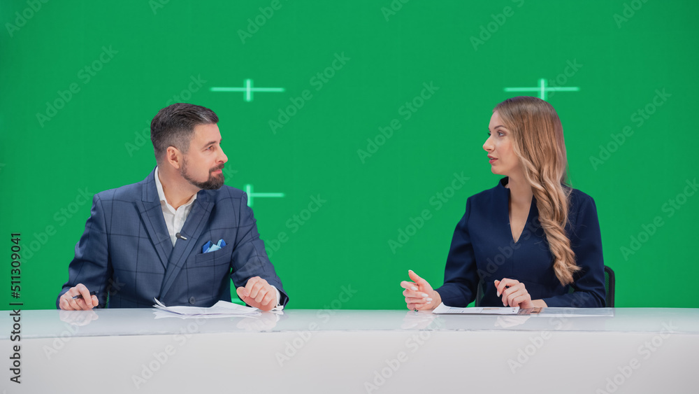 Newsroom TV Studio Live News Program Caucasian Male and Female