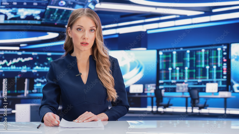 TV Live News Program: Professional Female Presenter Reporting on Current Events. Television Cable Channel Anchorwoman Talks Confidently. Mock-up Network Broadcasting in Newsroom Studio. - obrazy, fototapety, plakaty 