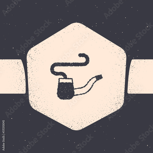 Grunge Smoking pipe with smoke icon isolated on grey background. Tobacco pipe. Monochrome vintage drawing. Vector