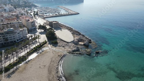 Aerial views from Moraira's coast. Drone video in Moraira, White Coast, Alicante, Spain. Les platgetes, Moraira. 