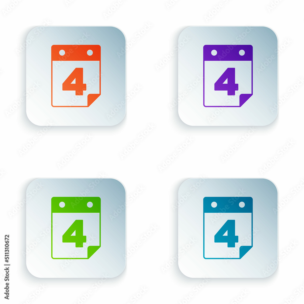 Color Day calendar with date July 4 icon isolated on white background. USA Independence Day. 4th of July. Set colorful icons in square buttons. Vector Color Day calendar with date July 4 icon isolated on white background. USA Independence Day. 4th of July. Set colorful icons in square buttons. Vector