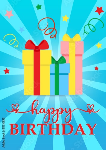 Vector greeting card Happy Birthday with gift boxes on bright colorful background with confetti and stars. Celebrate Birthday poster  holiday template.