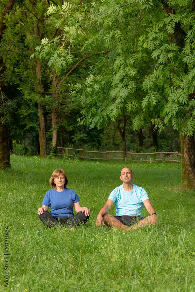 Vertical view of senior couple with eyes closed practising yoga in the park sorrounded by nature Vertical view of senior couple with eyes closed practising yoga in the park sorrounded by nature