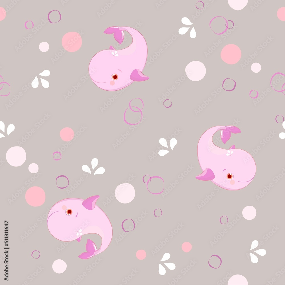Cute pastel seamless pattern with pink baby Whales and colorful bubbles