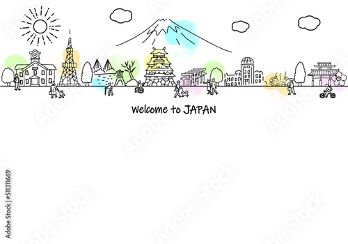 日本の観光地の街並みと人々のシンプル線画イラスト	
