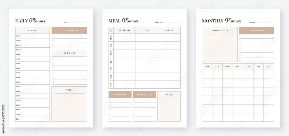 Minimalist Daily, Monthly and Meal planner pages design template set. 3 Set of minimalist planners. Daily, Weekly, Monthly planner template. Printable planner template Vector. Planner 2023 Minimalist Daily, Monthly and Meal planner pages design template set. 3 Set of minimalist planners. Daily, Weekly, Monthly planner template. Printable planner template Vector. Planner 2023