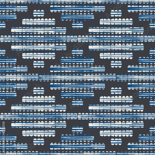 Ikat stitch effect vector seamless pattern. Hand drawn grunge textured needlework diamond shapes background. Color fade washed out blue white rhombus backdrop. Folk art style embroidery geo repeat.