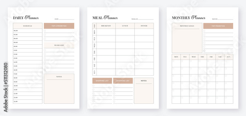 Minimalist Daily, Monthly and Meal planner pages design template set. 3 Set of minimalist planners. Daily, Weekly, Monthly planner template. Printable planner template Vector. Planner 2023