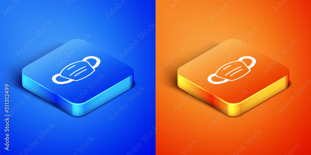 Isometric Medical protective mask icon isolated on blue and orange background. Square button. Vector Isometric Medical protective mask icon isolated on blue and orange background. Square button. Vector