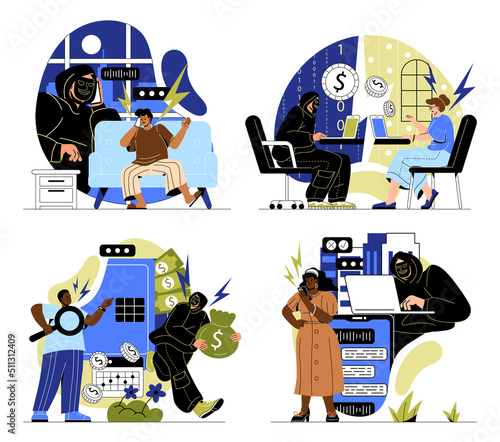 Internet fraud and scam. Set of hackers or cyber criminals stealing personal information, money or bank data. Thief blackmailing people. Cartoon flat vector collection isolated on white background