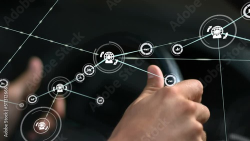 Animation of network of connections over hands of caucasian man driving car photo