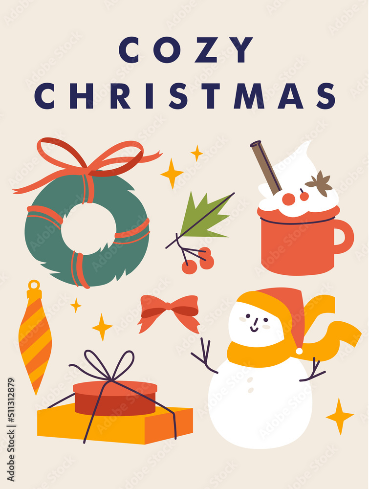 Vector Christmas greeting card or party invitation poster. Xmas backgrounds with traditional decorations.
