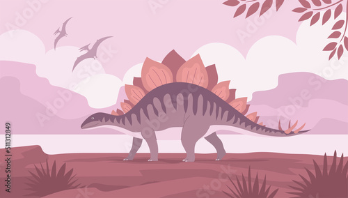 Stegosaurus with spikes on the tail on the background of a prehistoric landscape