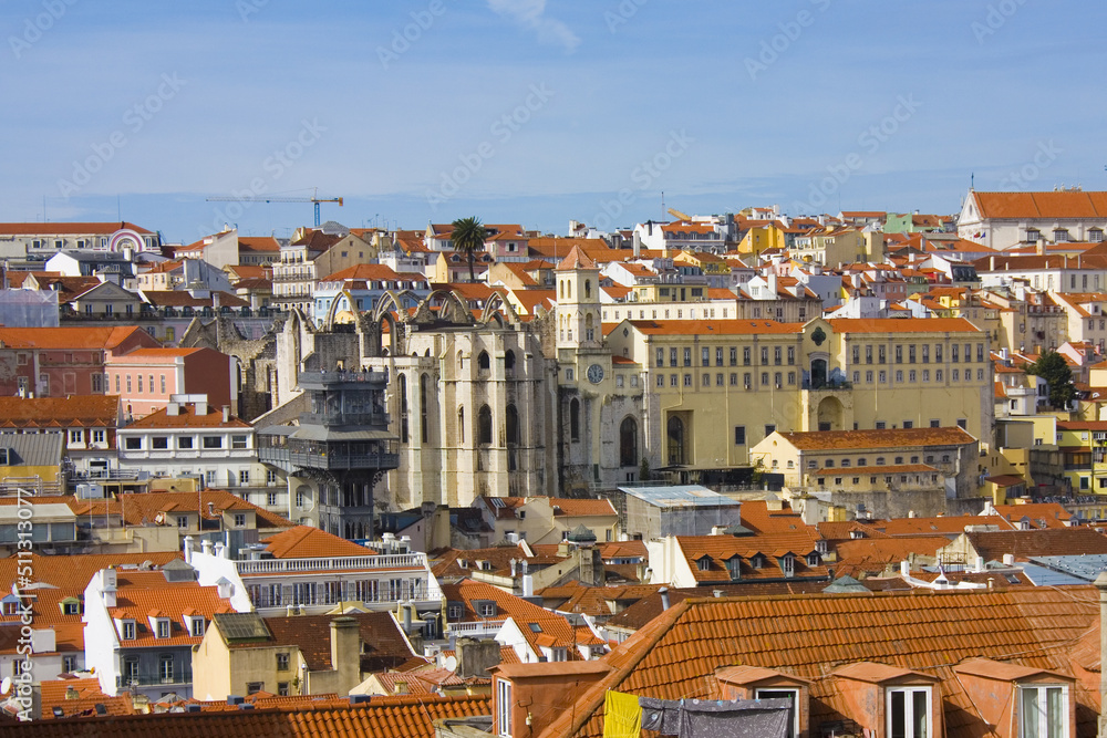 Aerial view on Lisbon and Santa Justa Lift from observation deck (miradouro), Portugal