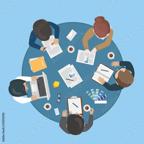 Five people team sitting and working together at the round table. Teamwork, brainstorming, startup. Vector stock