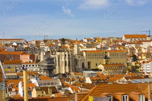 Aerial view on Lisbon and Santa Justa Lift from observation deck (miradouro), Portugal