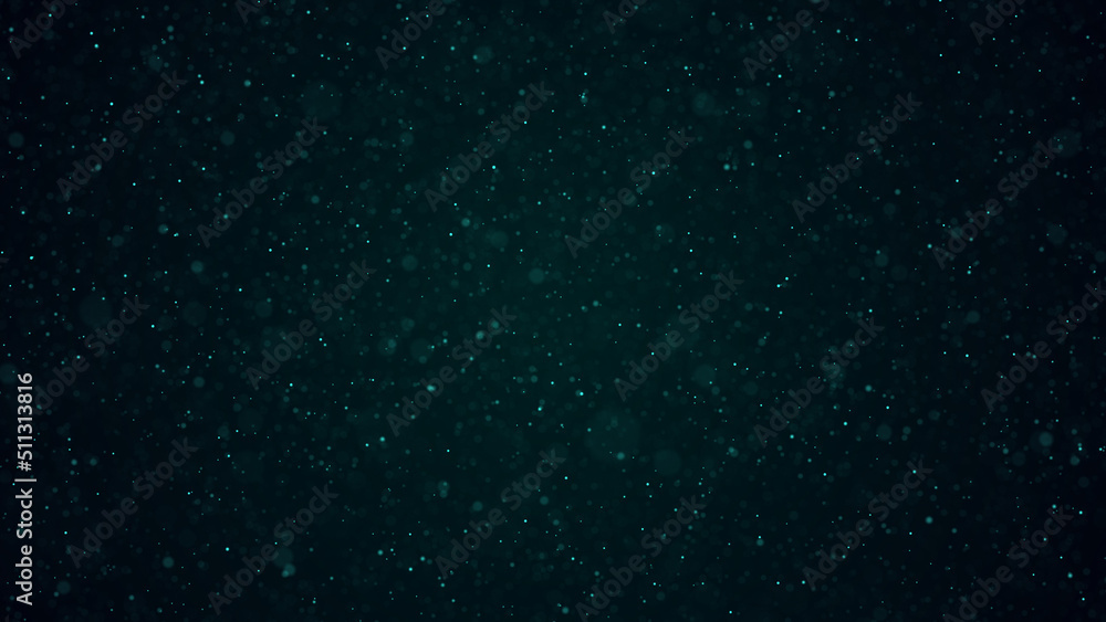 Dust particles with bokeh effect on dark background. Abstract magic background. Starry sky. 3d rendering.