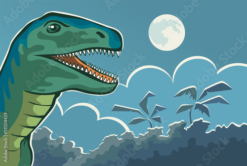 Ancient lizard velociraptor in the night forest. Predatory dinosaur of the Jurassic period. Prehistoric nature background. Vector cartoon art illustration hand drawn