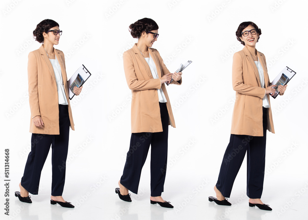Obraz premium Full length 30s 40s Asian Woman Tax Financial Accountant, walking forward left right
