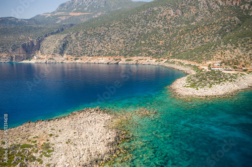 stunning nature's wonder scene at desirable holiday destination , aerial drone turquoise water , Kas , Antalya